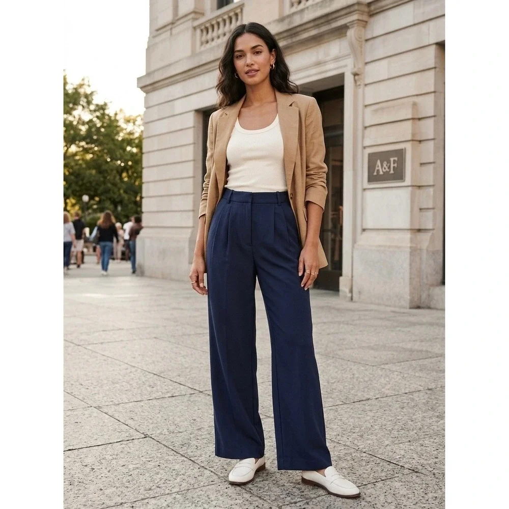 Abercrombie & Fitch Navy Blue High Rise Pleated Wide Leg Trousers Size 4 27